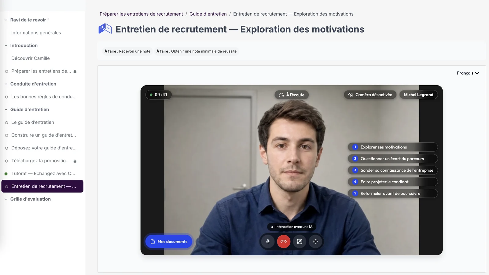 Simulation Face Up intégrée à un cours Moodle : entretien de recrutement, noté dans le parcours