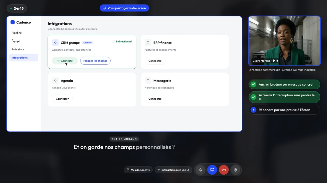 Productdemo via schermdeling met een AI-avatar, met ondertiteling en sessiedoelen