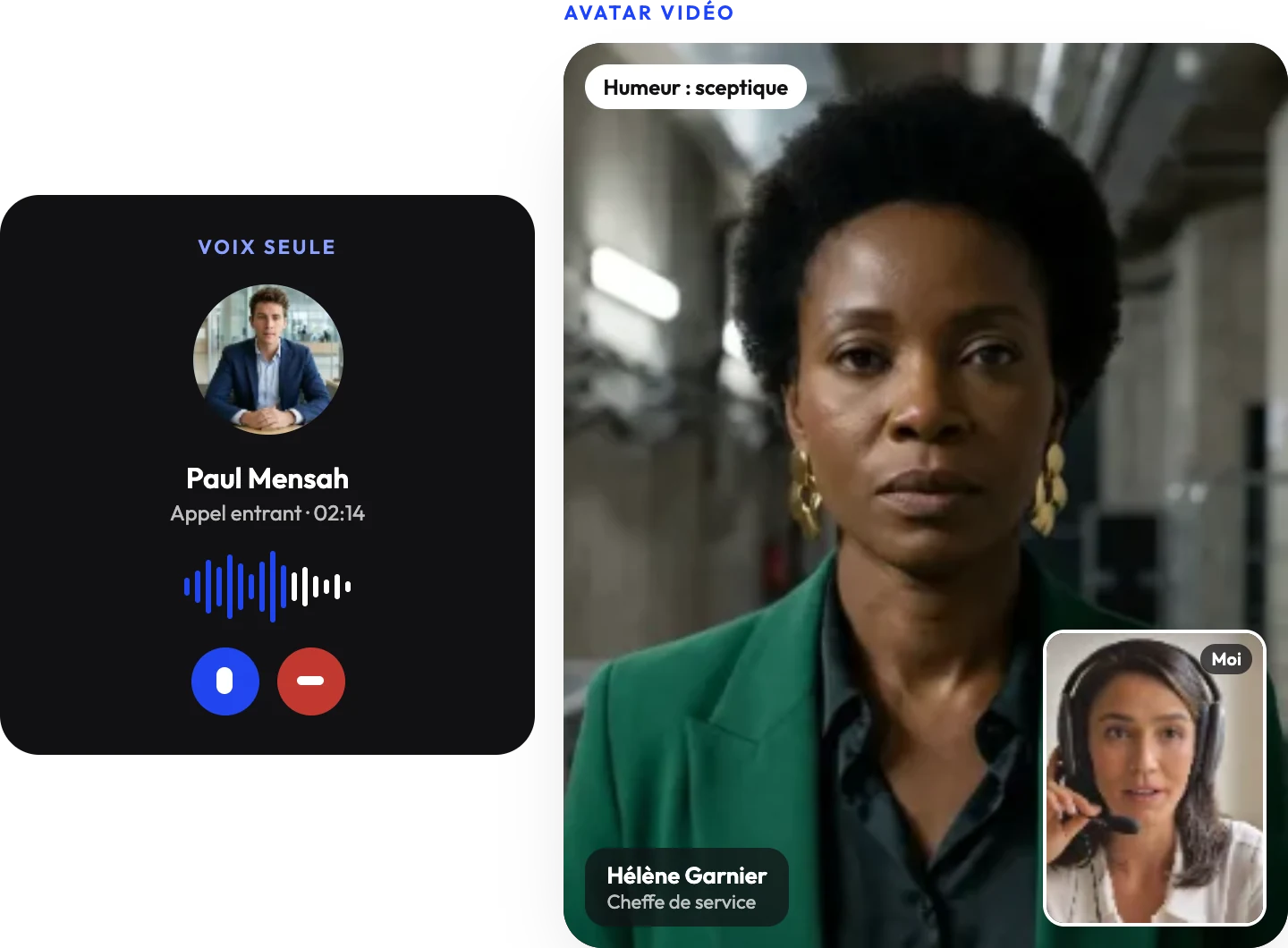 Les deux modalités : un appel en voix seule avec Paul Mensah et un avatar vidéo, Hélène Garnier, cheffe de service, avec l’apprenante en incrustation