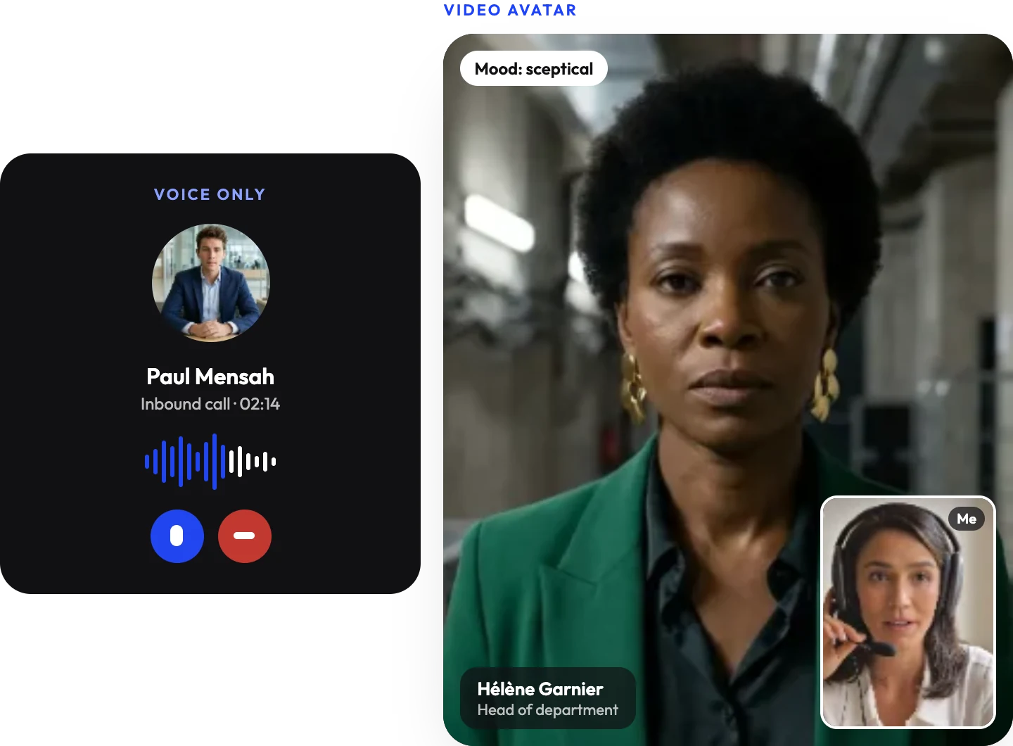 The two modes: a voice-only call with Paul Mensah, and a video avatar, Hélène Garnier, head of department, with the learner in a corner of the screen