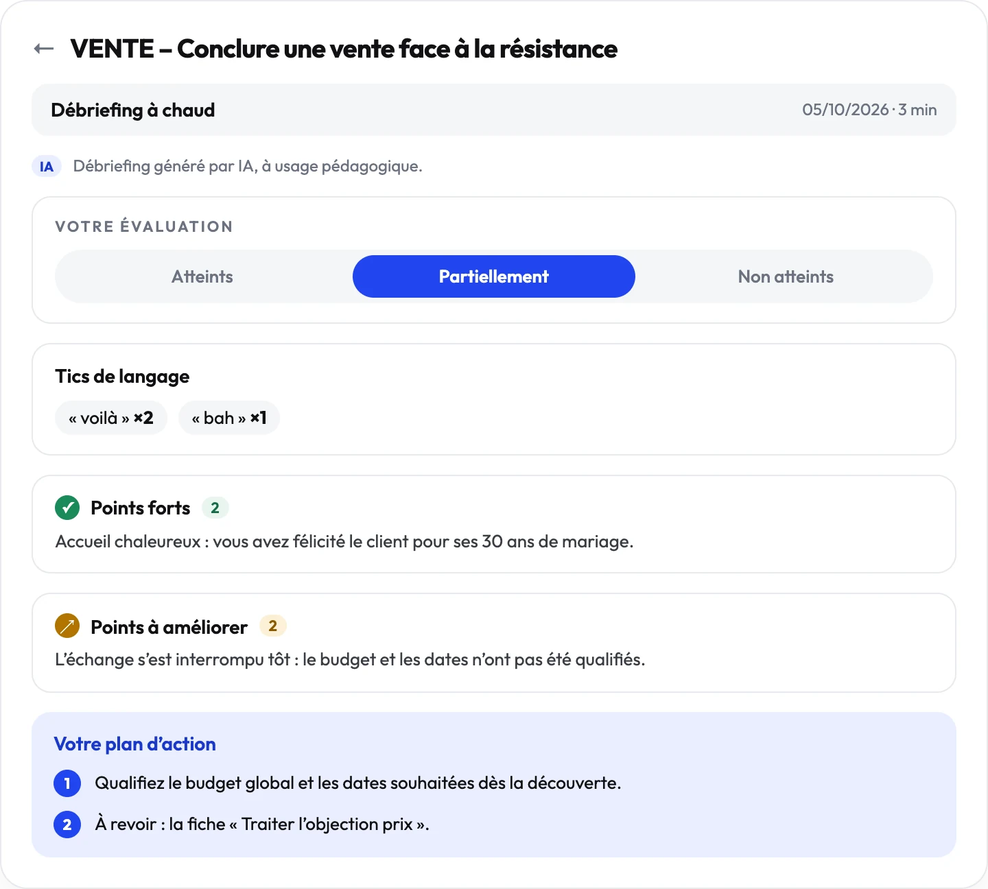 Débriefing à chaud dans Face Up : auto-évaluation, tics de langage, points forts, points à améliorer et plan d’action