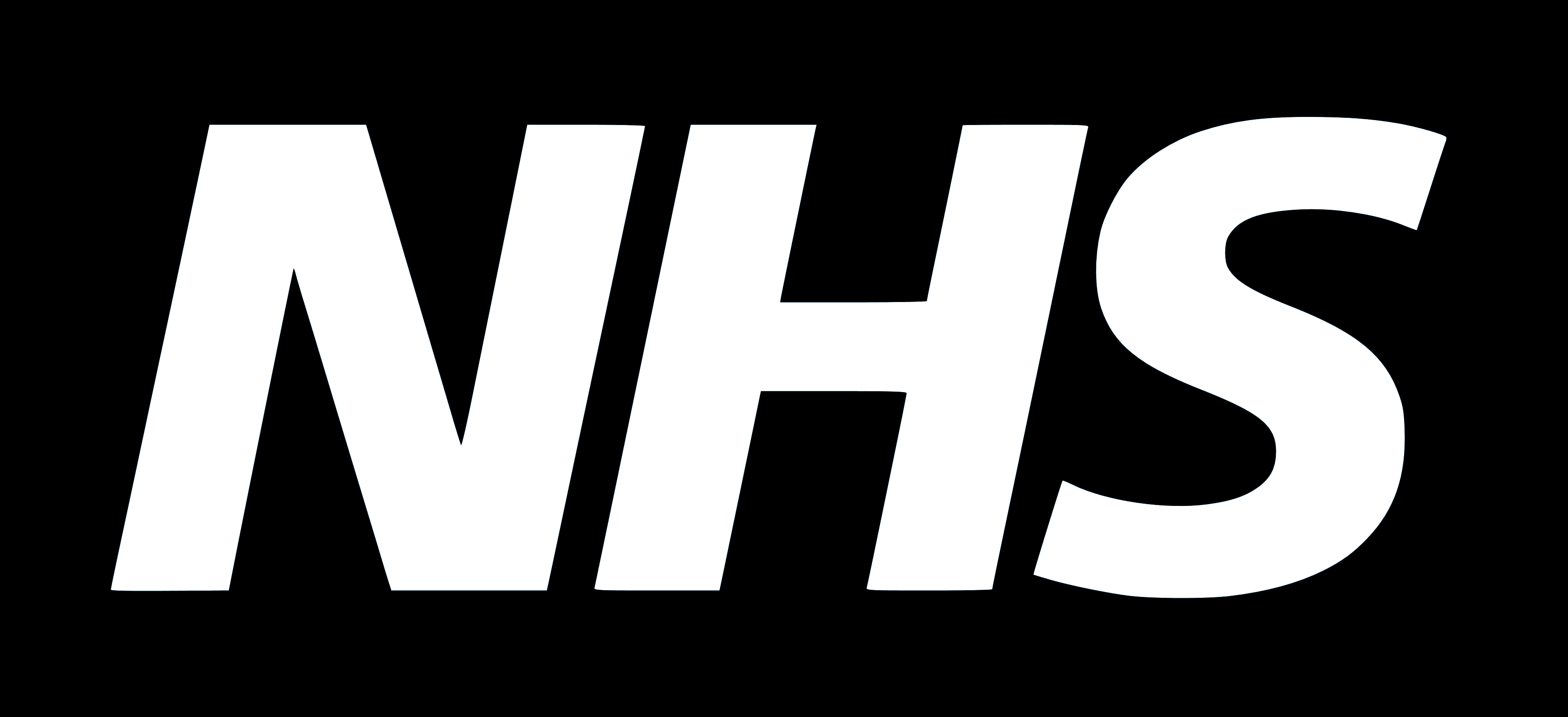 White capital letters NHS on a black background.
