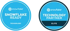 Two blue circular badges: Snowflake Ready Technology and Snowflake Technology Partner Elite.