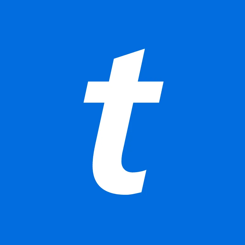 Lowercase white letter t on a blue square background representing Ticketmaster icon.