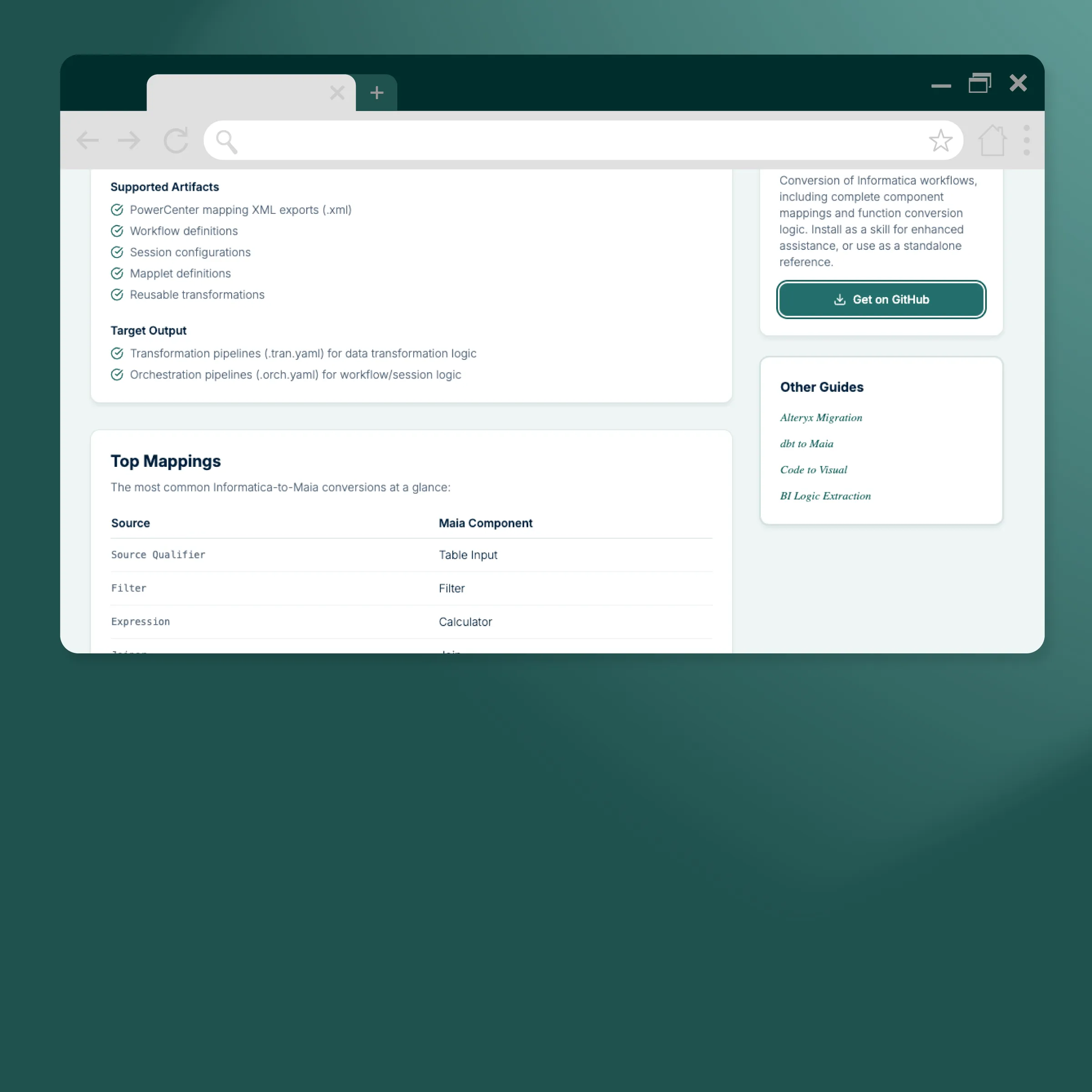 Webpage showing Informatica to Maia migration guide with supported artifacts, target output, and top mappings list.