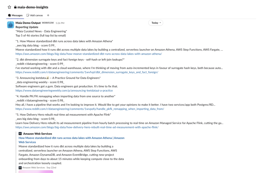 Slack message in the maia-demo-insights channel showing the top 5 of 46 Data Engineering stories with scores, snippets, links and a link preview.