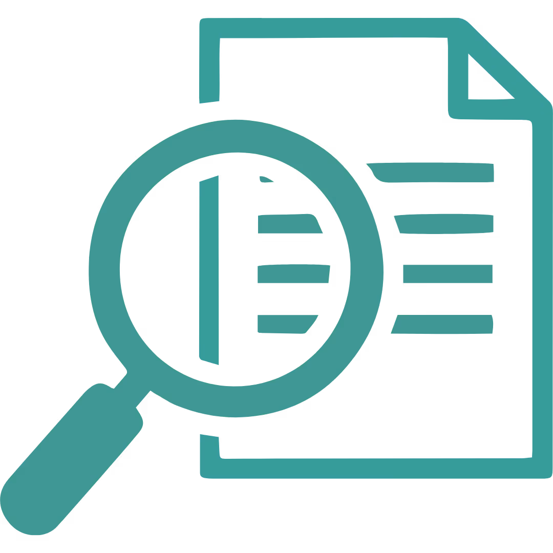 Symbol einer Lupe, die ein Dokument mit Textzeilen untersucht.