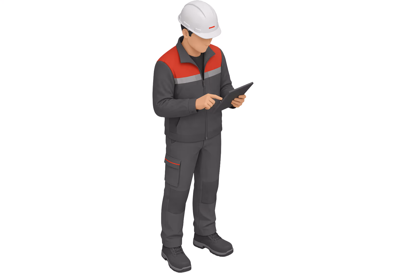 Illustration of a worker in an orange hard hat and overalls using a tablet, connected via cloud upload to a SmartgridOnecontroller.