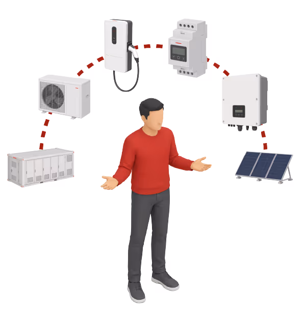 Man in red sweater surrounded by connected energy and electrical devices including solar panels and battery system.