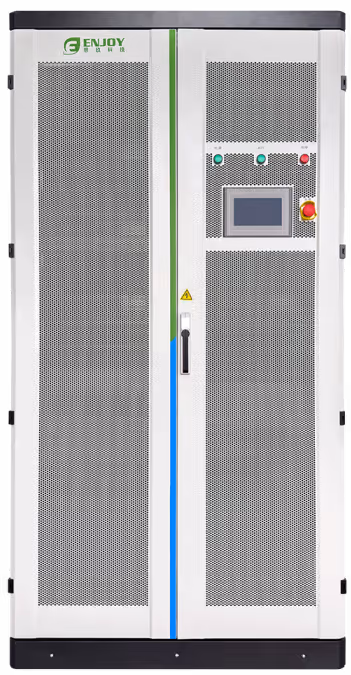 Tall, white industrial control panel cabinet with vents, display screen, buttons, and emergency stop switch.