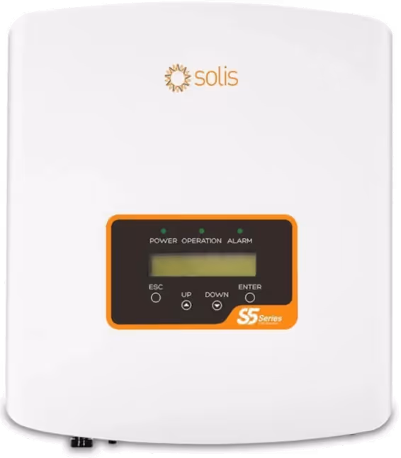 White Solis S5 Series solar inverter with control panel and indicator lights for power, operation, and alarm.