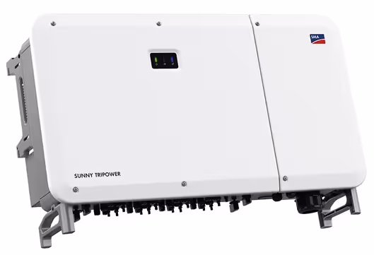 White SMA Sunny Tripower solar inverter device with status indicator lights and logo.