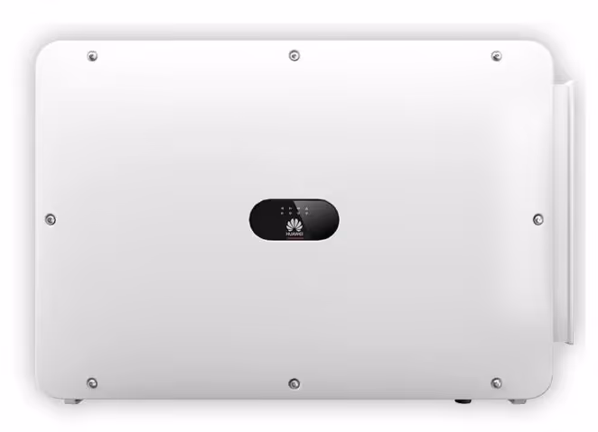 White rectangular device with Huawei logo and status lights in the center, likely an electrical or solar inverter.