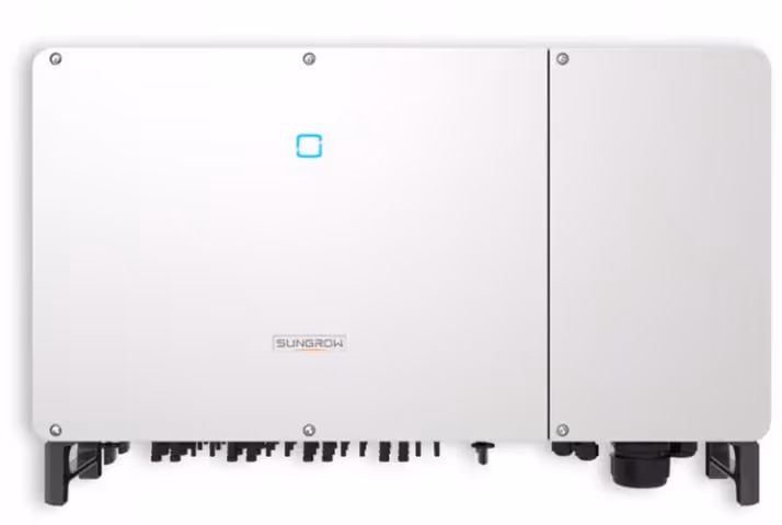 White rectangular Sungrow solar grid-tie inverter with blue indicator light.
