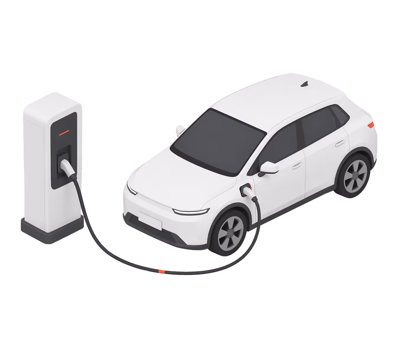 White electric SUV connected to a charging station by a cable.
