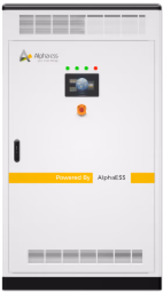 White AlphaESS energy storage system cabinet with display, indicator lights, and safety switch.
