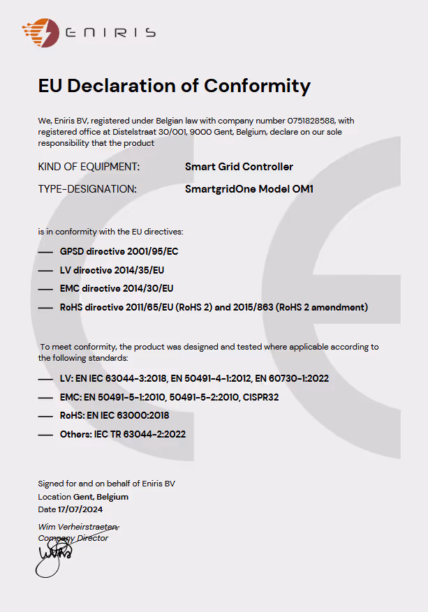 EU Declaration of Conformity document from Eniris for Smart Grid Controller SmartgridOne Model OM1, listing relevant EU directives and standards, signed in Gent, Belgium, dated 17/07/2024.