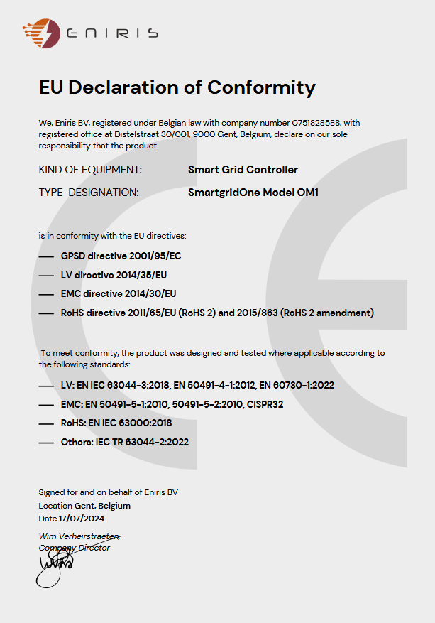 EU Declaration of Conformity document from Eniris for Smart Grid Controller SmartgridOne Model OM1, listing relevant EU directives and standards, signed in Gent, Belgium, dated 17/07/2024.