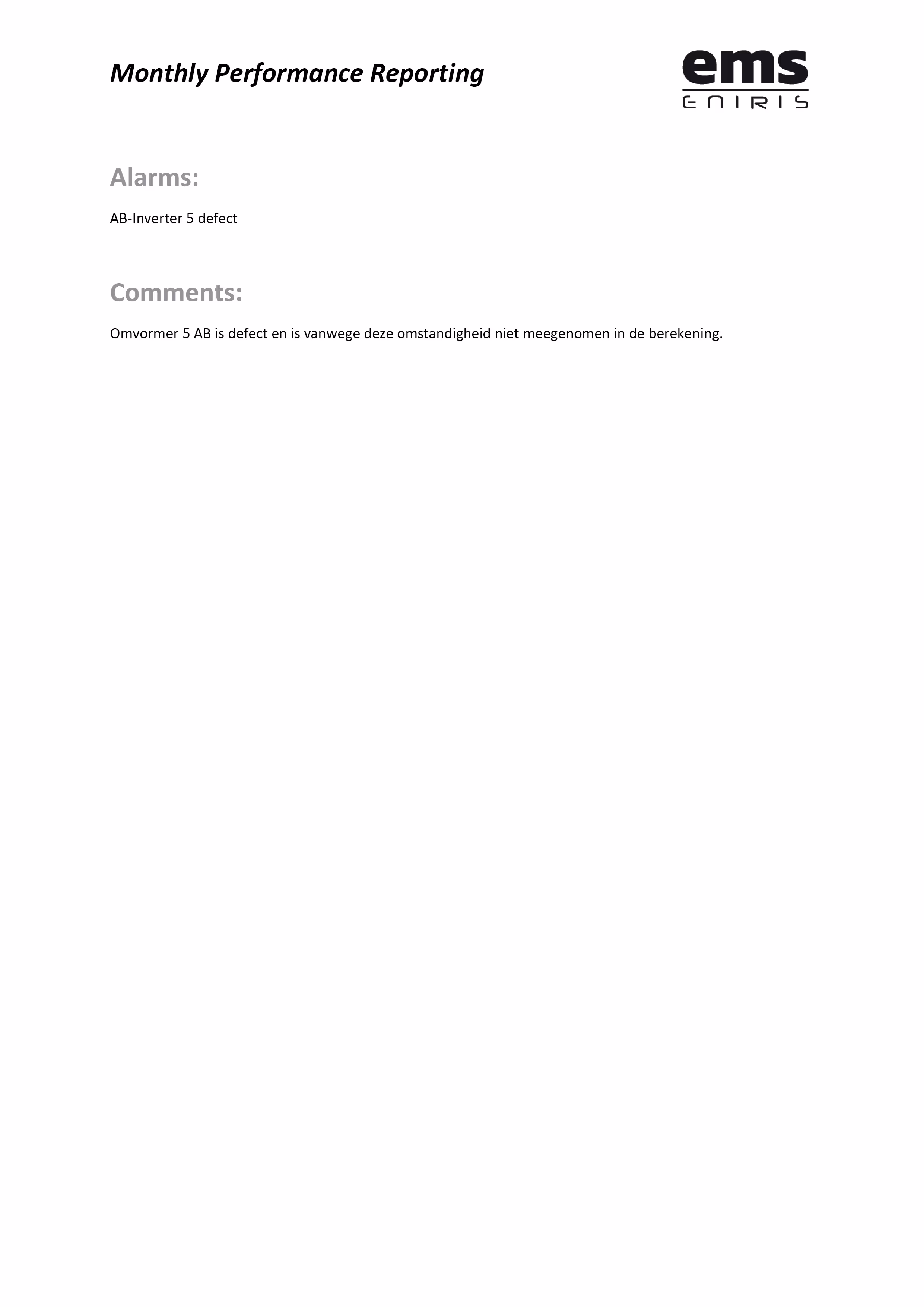Monthly performance report showing an alarm for AB-Inverter 5 defect with related comments.