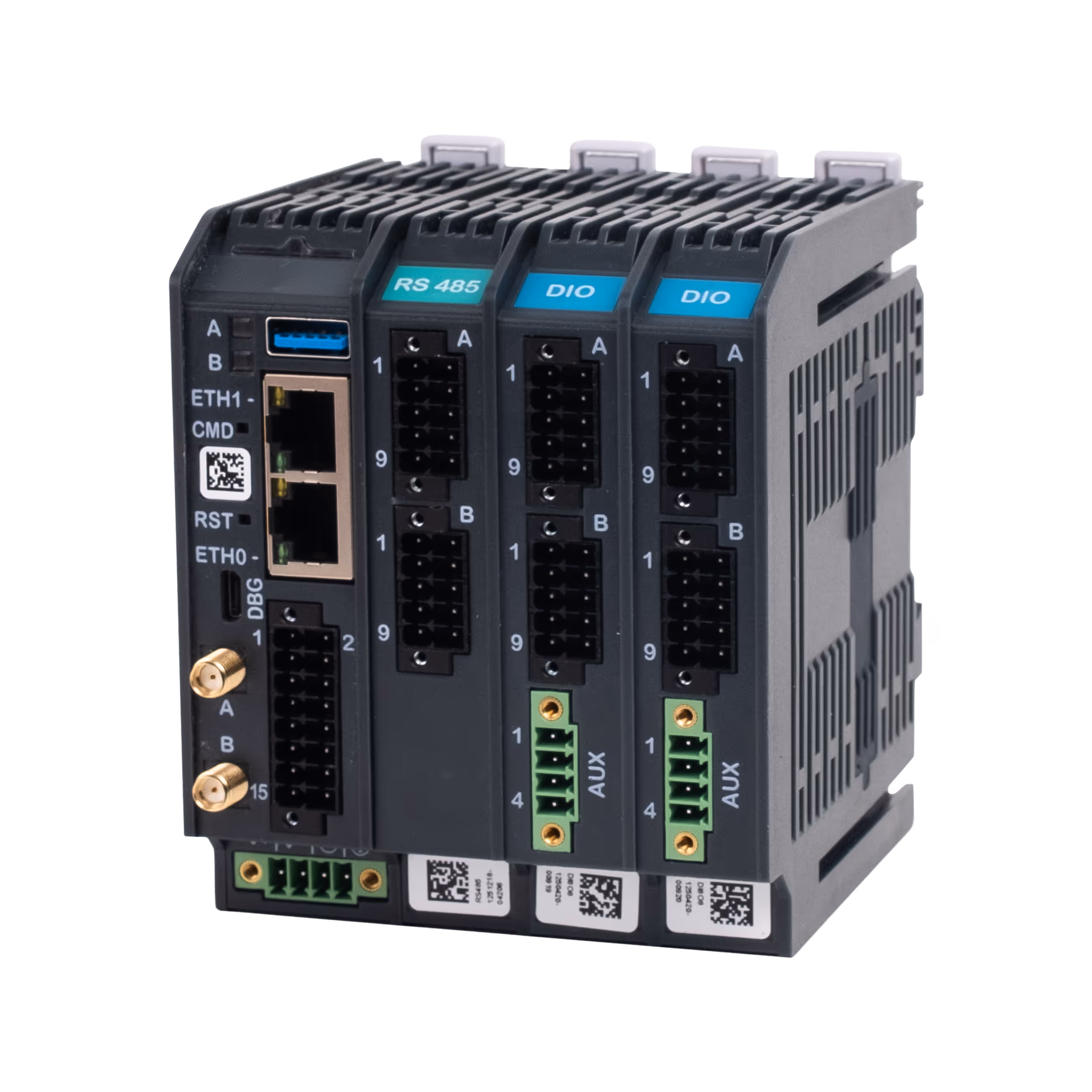 Industrial automation controller with RS485, DIO modules, Ethernet ports, and multiple connectors.