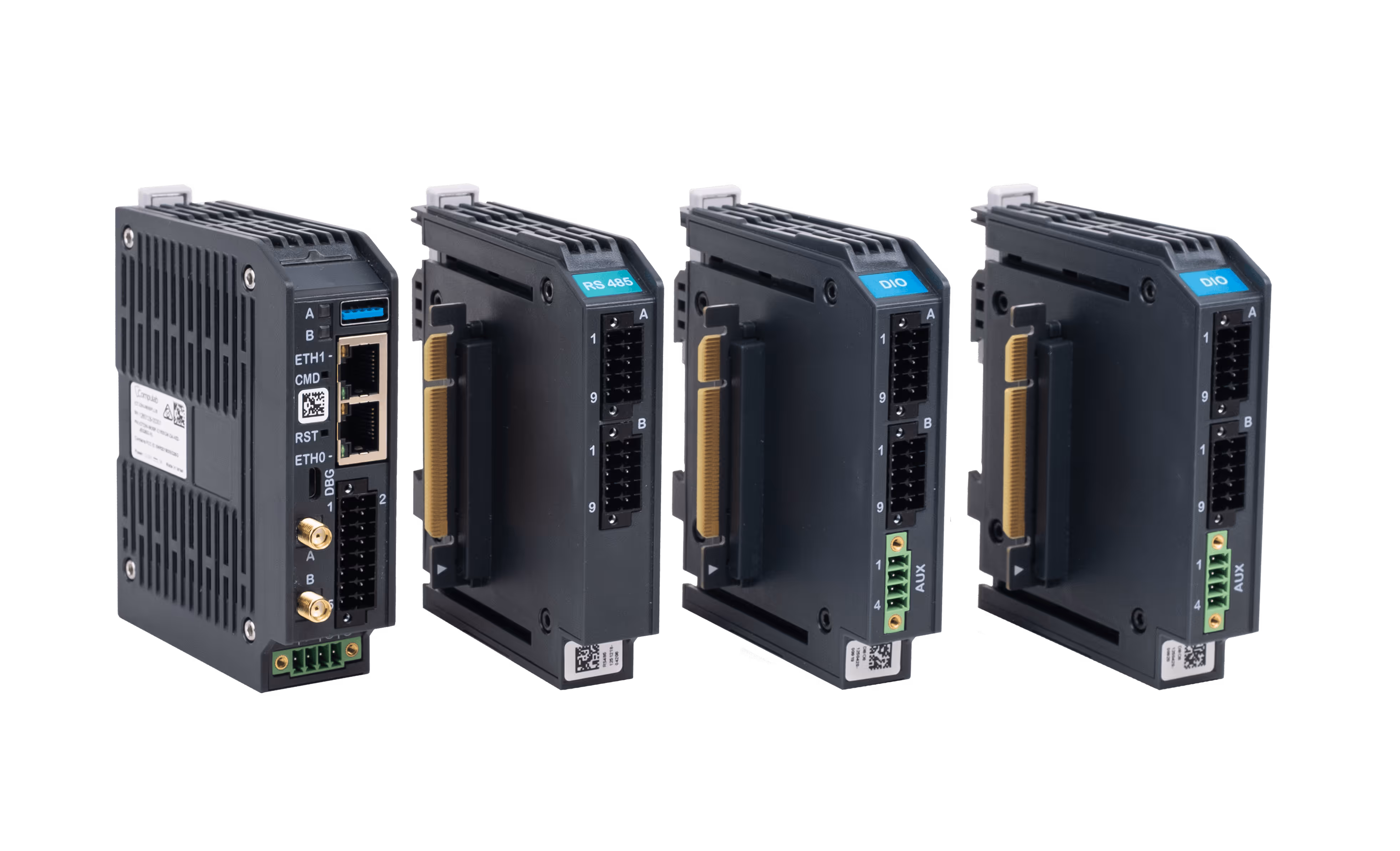 Four industrial communication modules including Ethernet, RS 485, and DIO interface units on a white background.