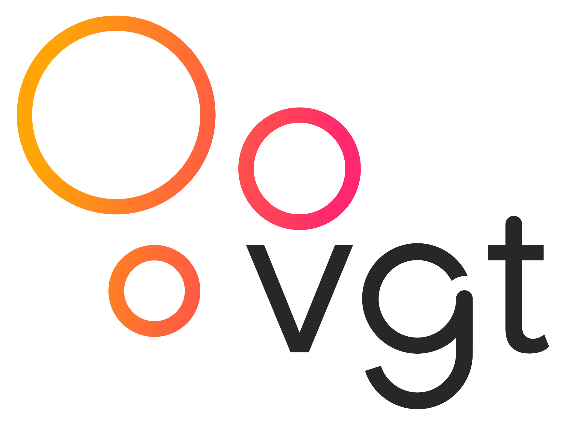 VGt logo with black lowercase letters and three gradient circles in orange and pink.