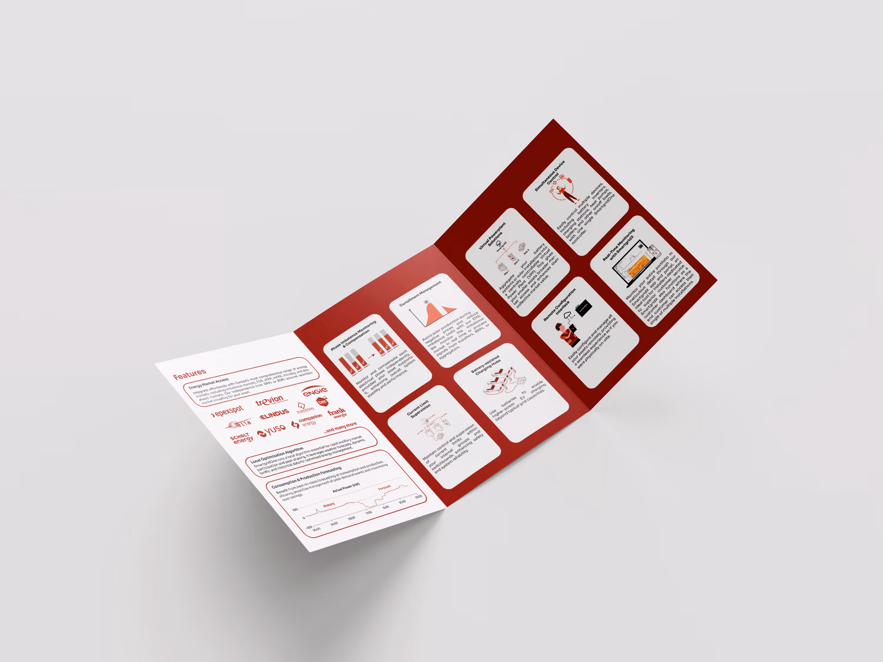 Red and white tri-fold brochure with features and technical illustrations about energy management and monitoring solutions.