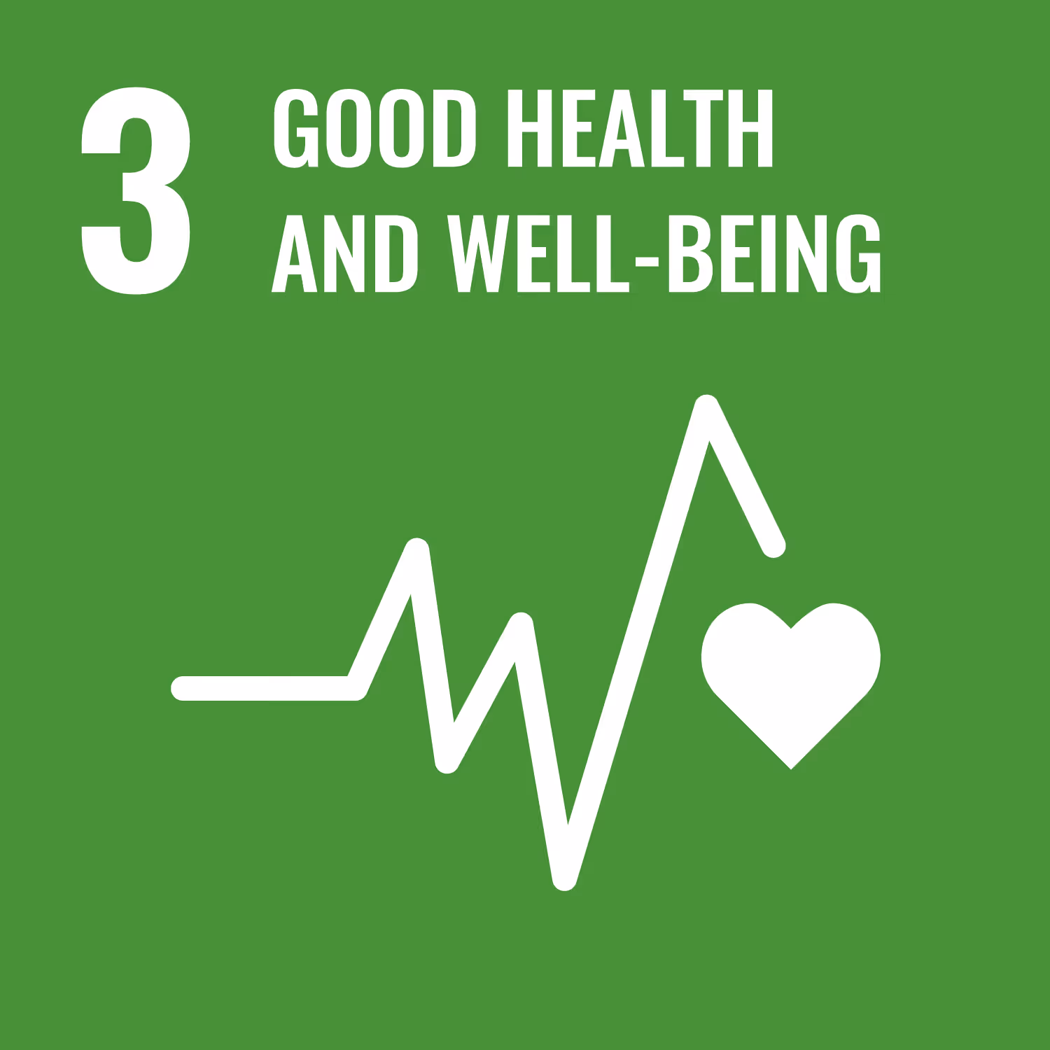 Green square with number 3, text 'Good Health and Well-Being,' and a white heartbeat line with a heart symbol.