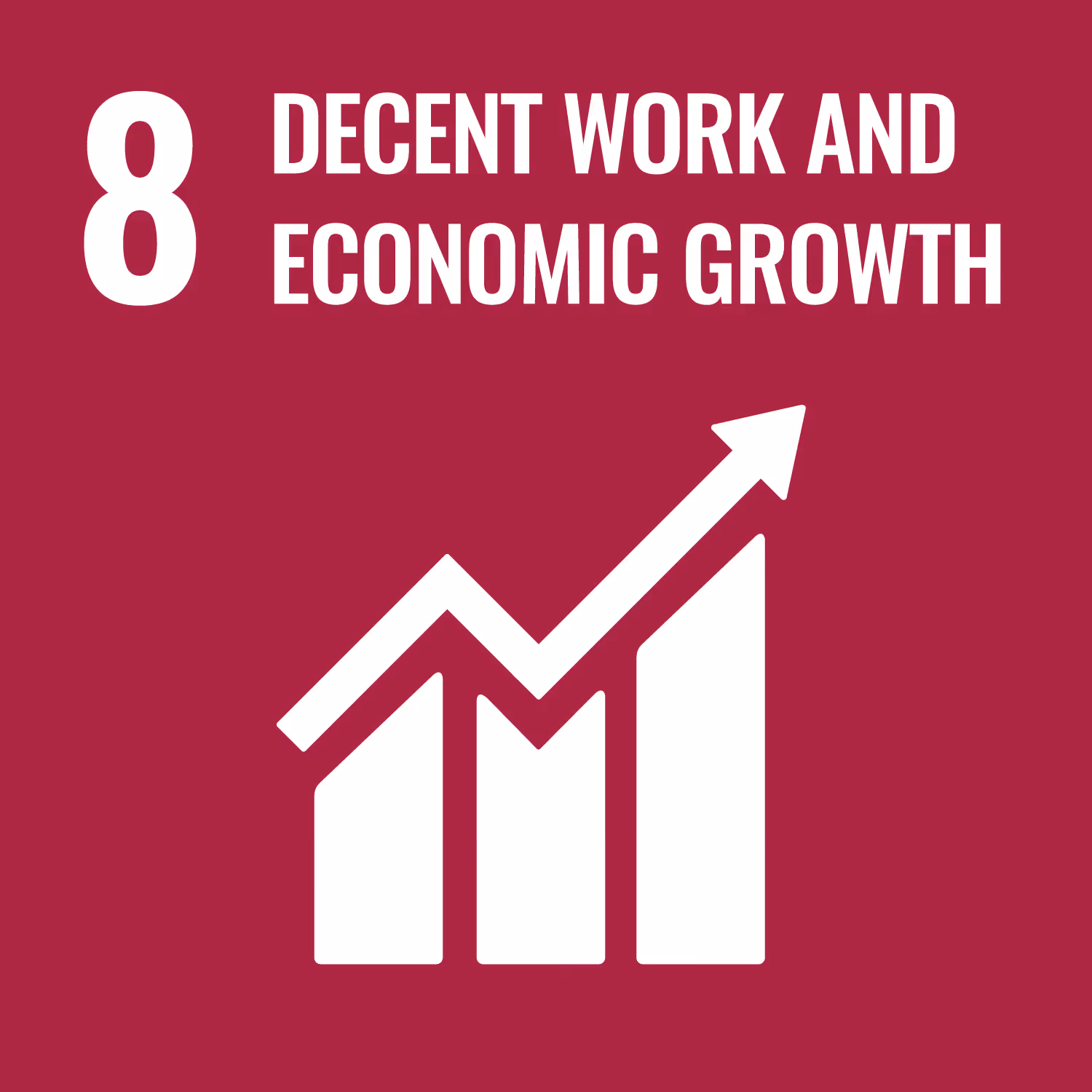 Icon representing Decent Work and Economic Growth with number 8 and a rising bar chart on dark red background.
