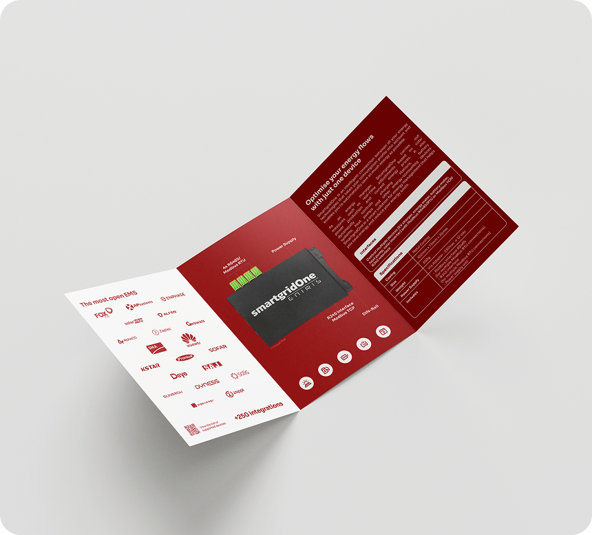 Tri-fold brochure with red and white panels featuring the SmartgridOne energy device and logos of integrations.