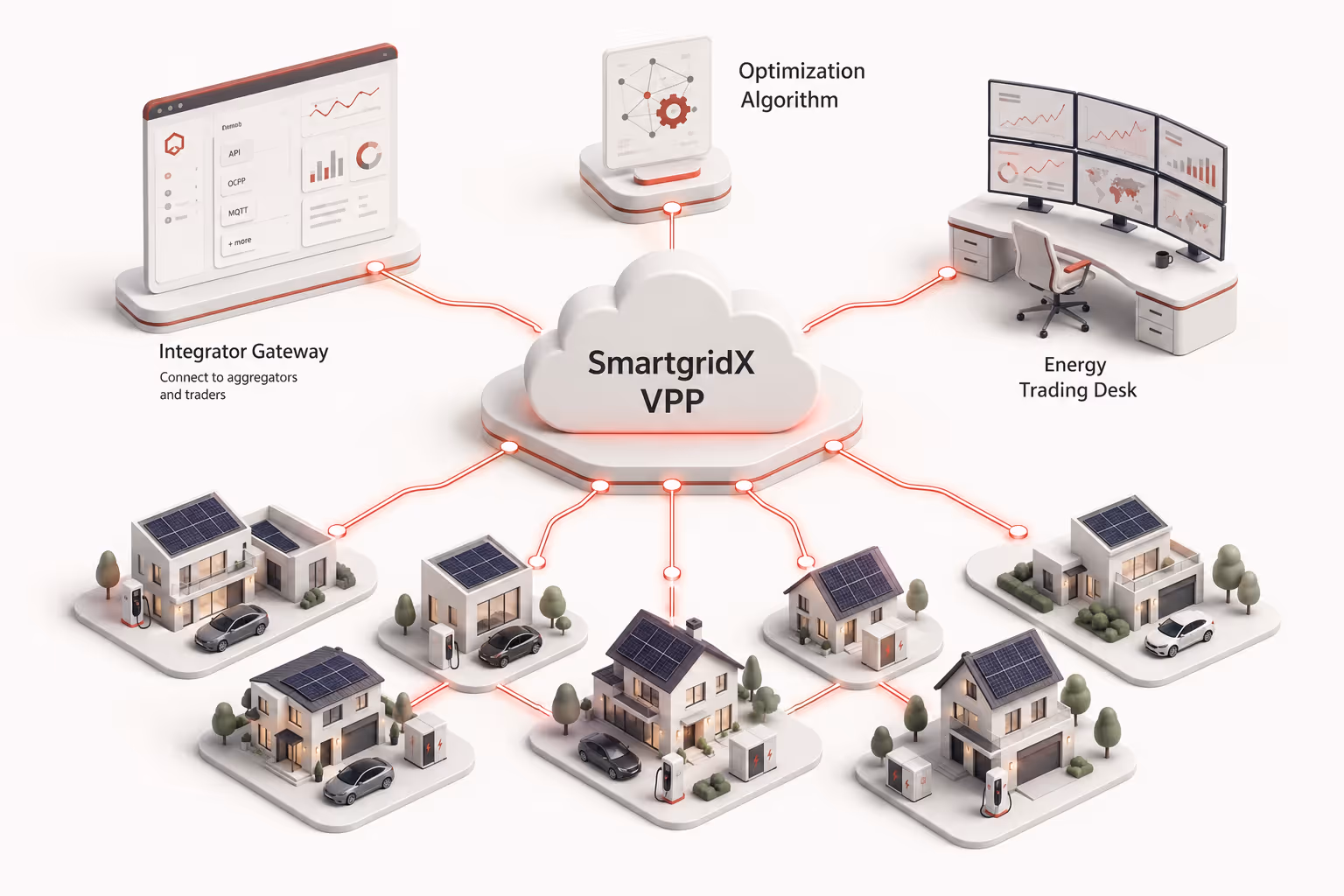 SmartgridX VPP cloud connects solar-powered homes, integrator gateway, algorithm, and energy trading desk.