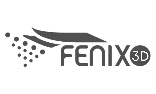 Fenix 3D bedrijfslogo in gestileerde tekst met abstracte vierkante en cirkelvormige elementen.