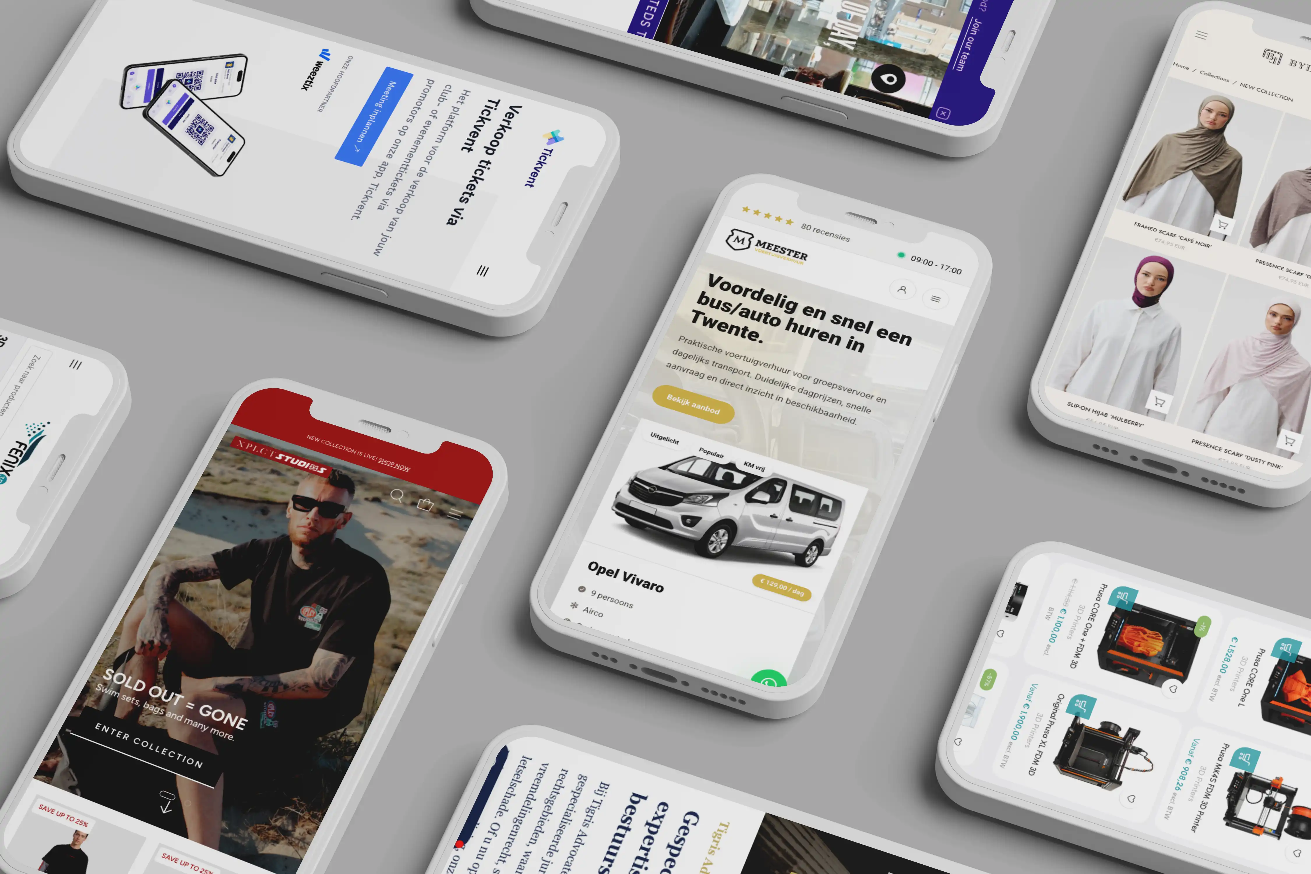 Meerdere smartphones tonen verschillende websites en apps, waaronder een busverhuur, modecollectie, 3D-printershop, ticketverkoopplatform en een kledingwinkel met hijabs.
