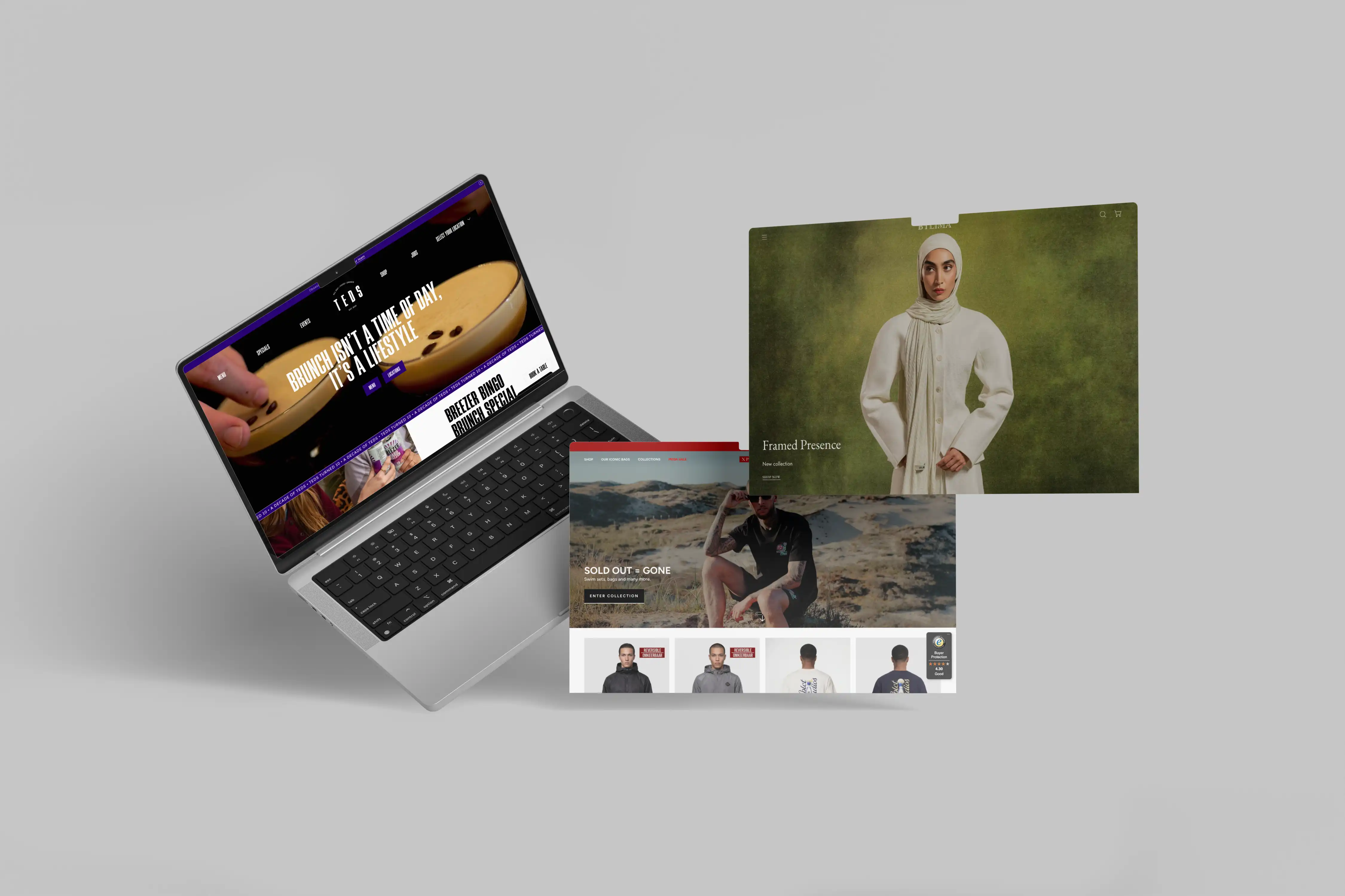 Drijvende digitale schermen met lifestyle-, mode- en outdoor kledingwebsites getoond naast een open laptop op een grijze achtergrond.