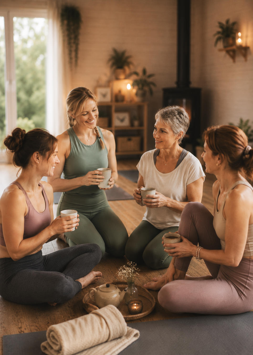 Quatre femmes assises en cercle sur des tapis de yoga, buvant du thé dans un espace chaleureux et lumineux.