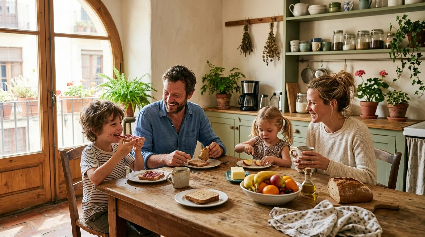 Family of four enjoying breakfast together at a wooden table in a cozy kitchen with fresh fruit, bread, and plants.