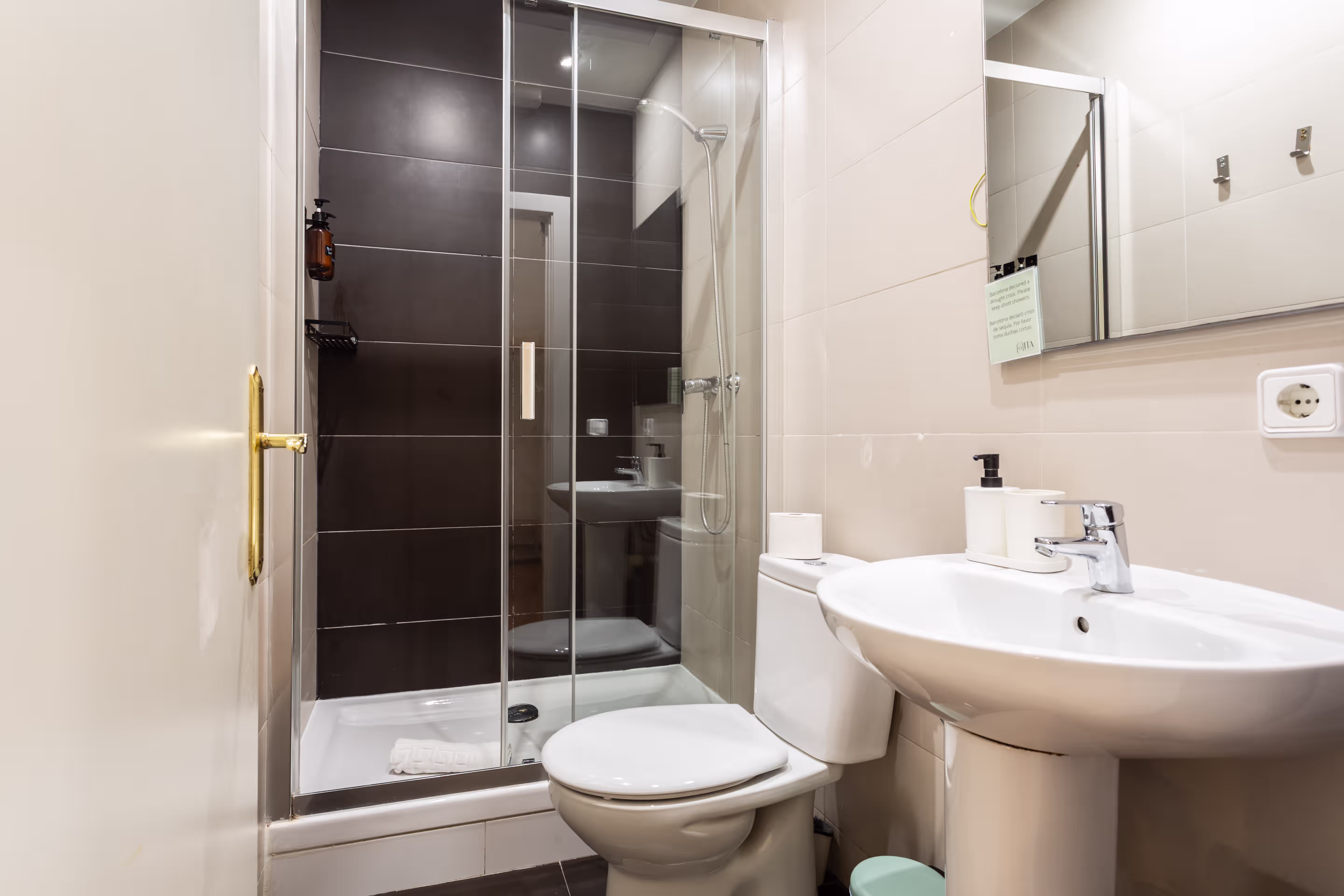 Compact bathroom with glass shower, white toilet, pedestal sink, and wall mirror.