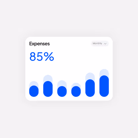 Graph showing monthly expenses at 85% with six blue vertical bars of increasing height.