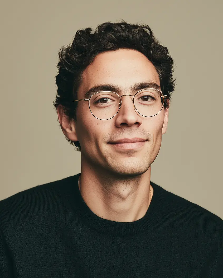 Portrait of a young man with curly hair and round glasses wearing a black sweater against a beige background.