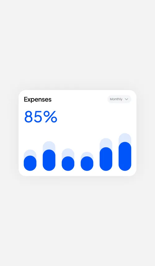 Monthly expenses chart showing 85% with blue vertical bars of varying heights.