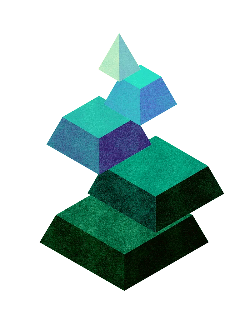 Stacked 3D geometric shapes in shades of green and blue, arranged from largest rectangular prism at the bottom to smallest pyramid on top.