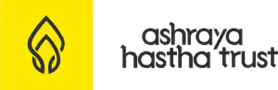 Logo of Ashraya Hastha Trust featuring a stylized flame icon on a yellow background next to the trust's name.