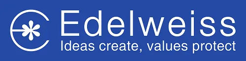 Edelweiss Group logo with a stylized flower inside a circle followed by the text 'Edelweiss' and the tagline 'Ideas create, values protect' on a blue background.