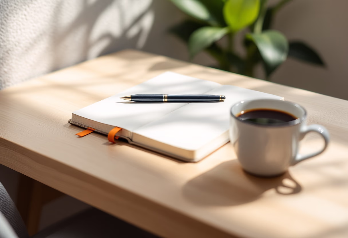 image of a notebook and coffee cup on a table for a productivity tools business