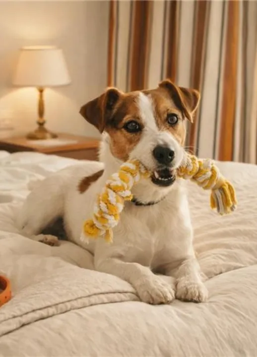 Accueil pet friendly aux Cimes Bleues : votre chien est le bienvenu sur le lit pour un séjour en hôtel au bord de mer et hôtel spa.