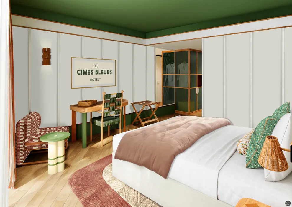 Esprit Riviera aux Cimes Bleues : plafond vert, mobilier design et lit king-size dans les chambres et suites de votre hôtel au bord de mer et hôtel spa.