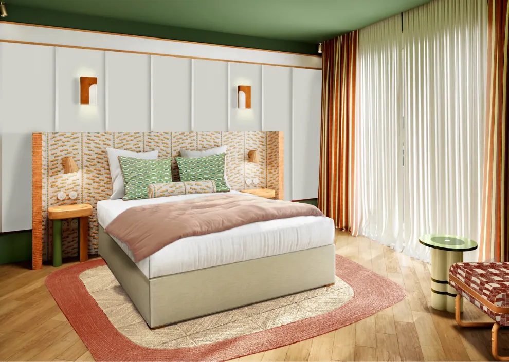 Style azur aux Cimes Bleues : touches bleues, rotin et lit king-size pour vos chambres et suites d'hôtel au bord de mer et hôtel spa.