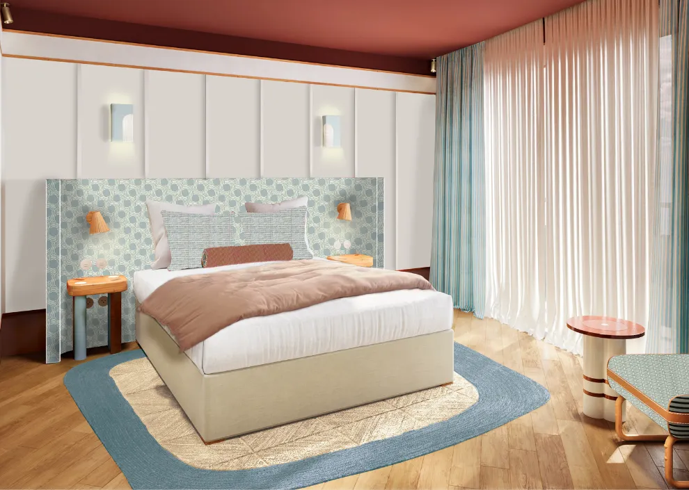 Style azur aux Cimes Bleues : touches bleues, rotin et lit king-size pour vos chambres et suites d'hôtel au bord de mer et hôtel spa.