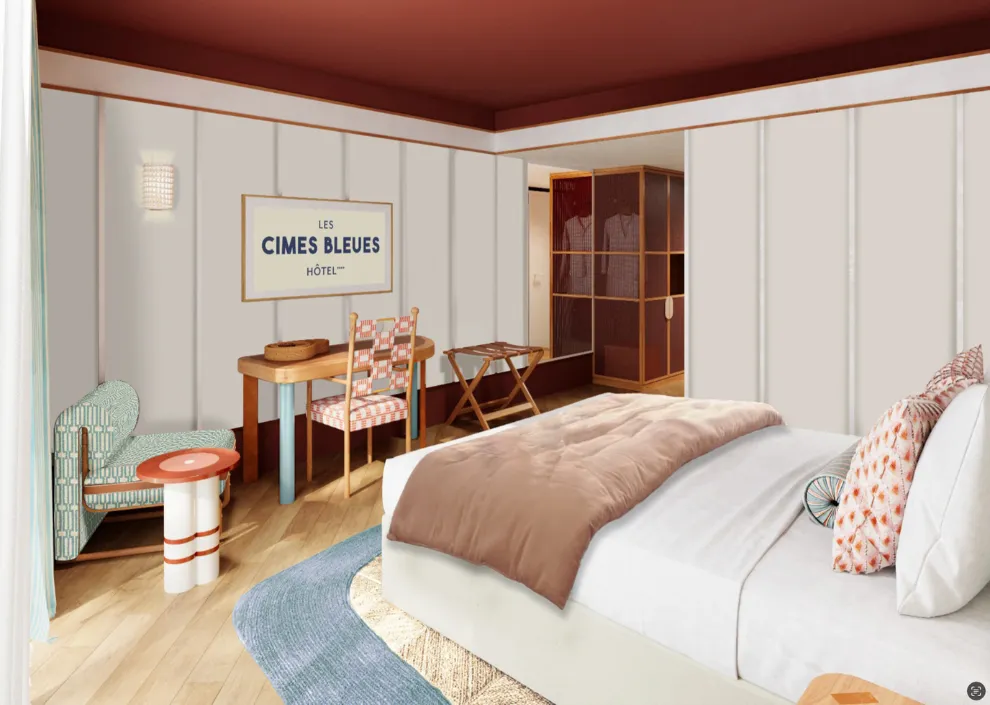 Chic et rétro aux Cimes Bleues : plafond bordeaux, rotin et lit king-size pour vos chambres et suites d'hôtel au bord de mer et hôtel spa.