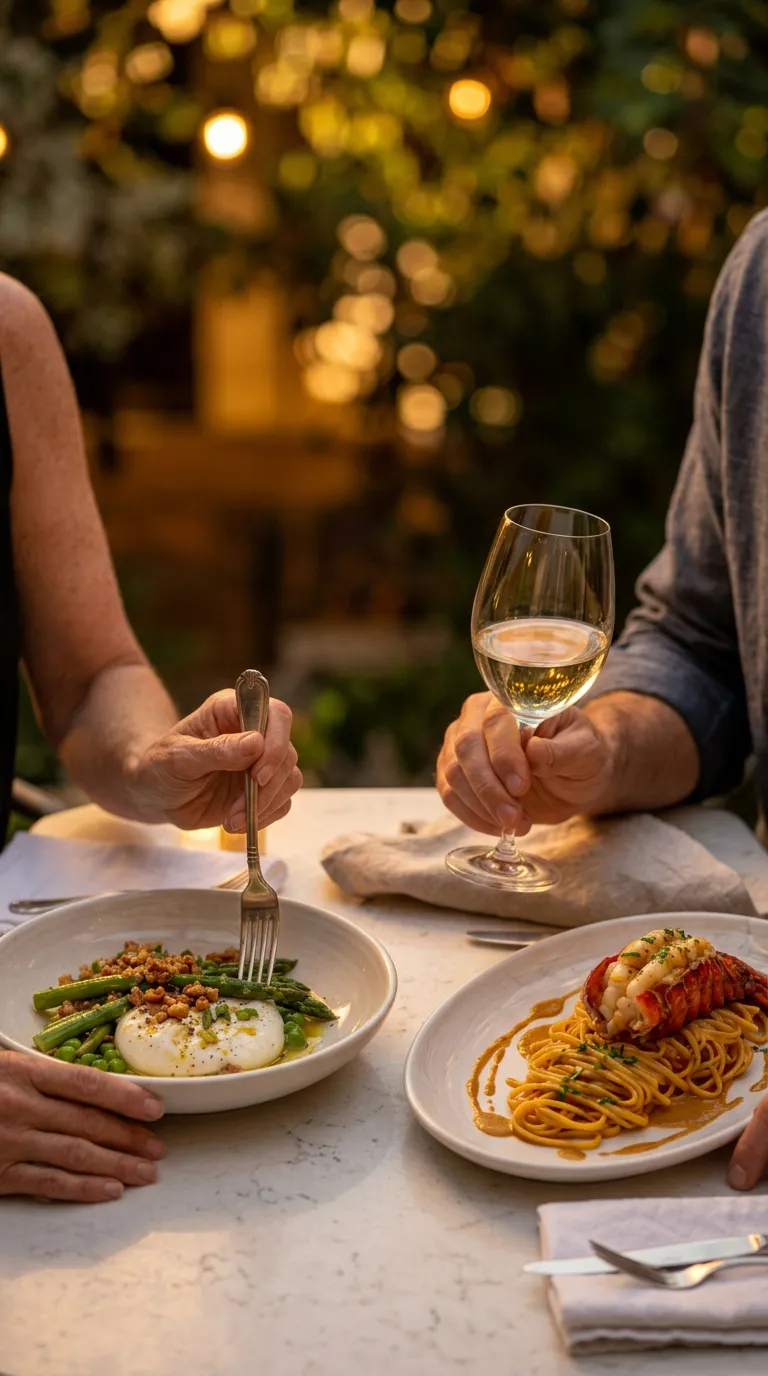 Deux personnes dînant au restaurant avec des lumières d'ambiance.